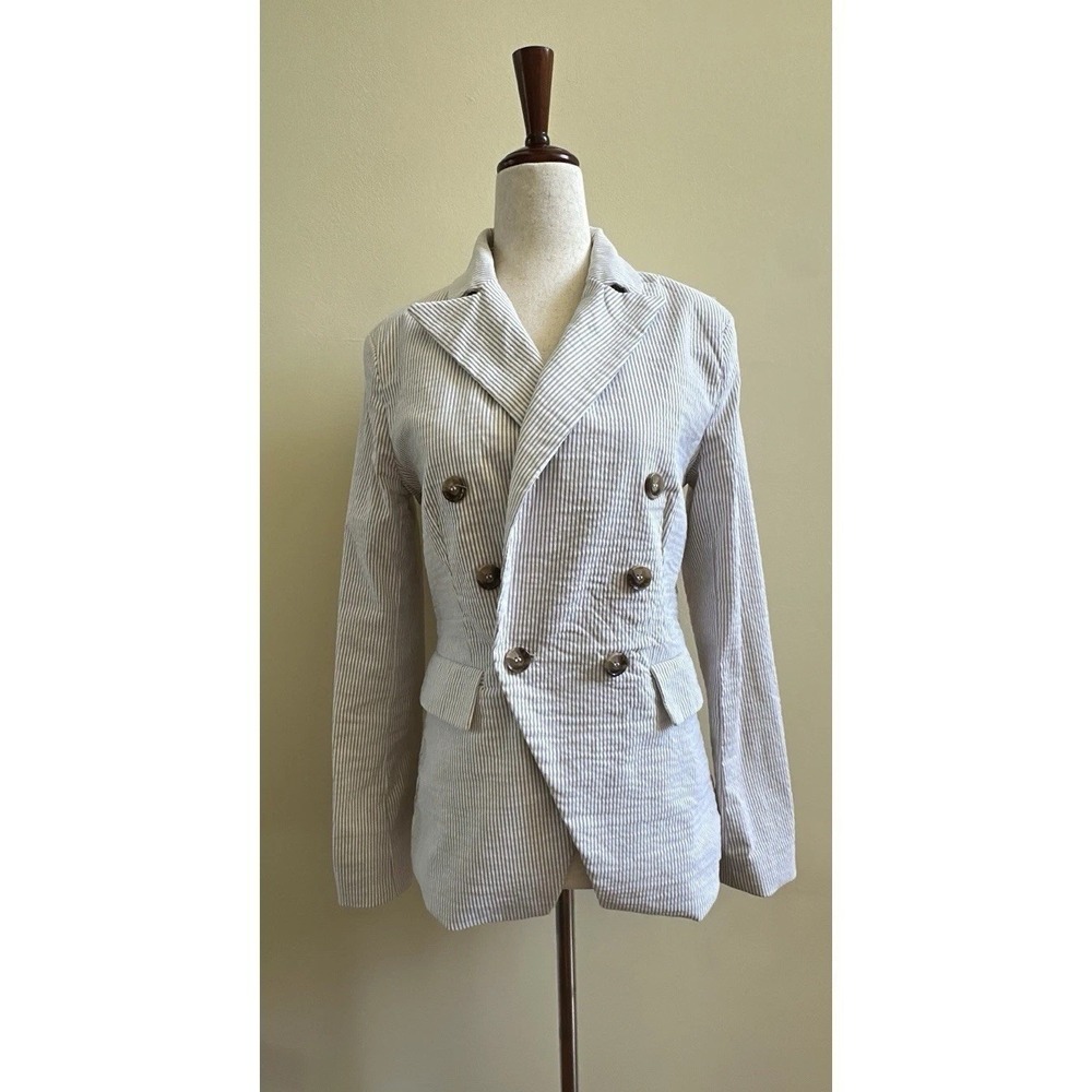 Joie Double-Breasted Striped Pointed Collar Blazer Blue and white size SP